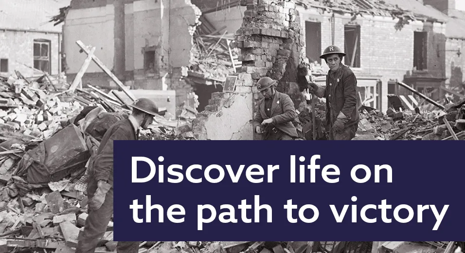 A destroyed building with text - Discover life on the path to victory